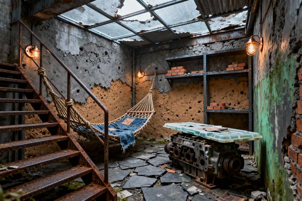 A bunker-like living room shows heavily weathered concrete walls eroded to earthen plaster and exposed brick. A rope hammock with a frayed blue denim throw hangs beside rusted steel stairs. Overhead, a patched corrugated metal and cracked glass roof admits daylight. Warm cage wall sconces illuminate metal shelving stacked with loose bricks. The floor is broken slate, and a cast-iron engine block with a translucent top serves as a low coffee table.