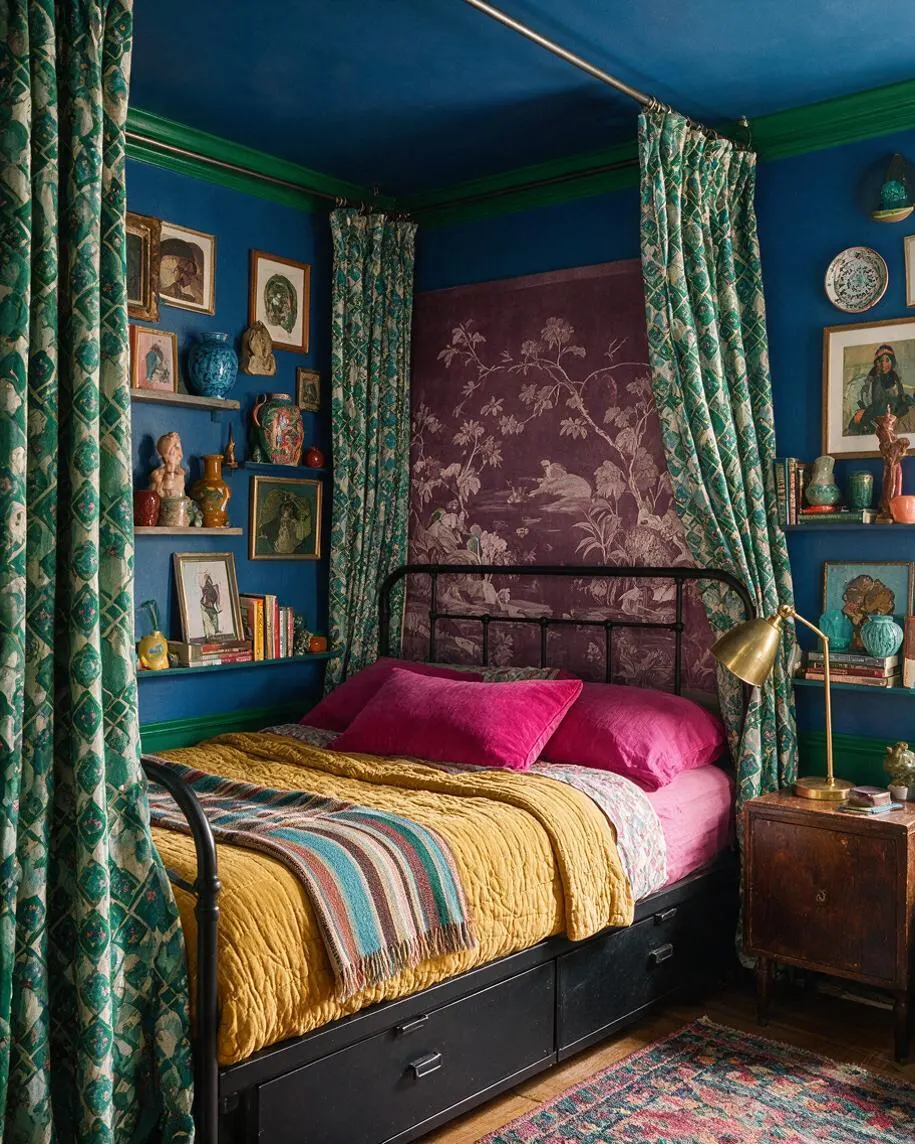 A small studio bedroom styled in a bold maximalist look with cobalt blue walls and ceiling, green trim, and patterned green curtains framing the bed. The bed has a black metal frame, pink pillows, a mustard quilt, and a striped throw, with art-filled shelves, framed pictures, and decorative objects layered around the room.