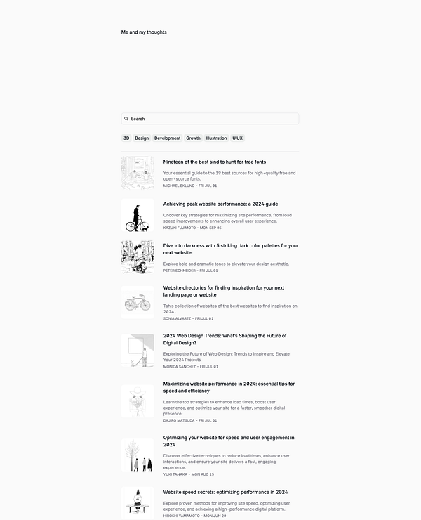 The image displays a digital interface featuring a collection of articles related to web design and performance.
