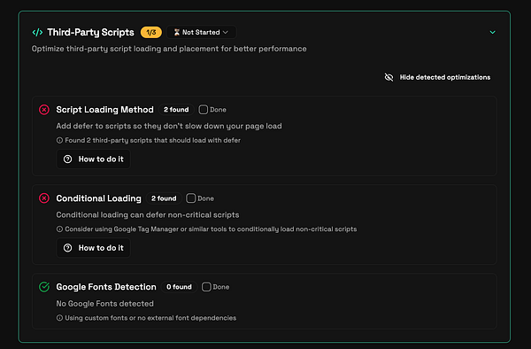 The image displays a task interface for optimizing third-party scripts in a web performance tool.