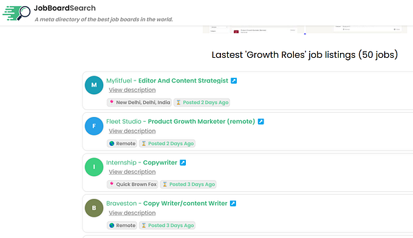 The image displays a job listing interface for 'Growth Roles' on JobBoardSearch.