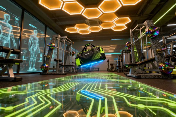 A futuristic home gym features a glowing glass floor patterned with neon-green circuitry and a black-and-lime duffel hovering above it. Amber hexagonal ceiling lights illuminate granite-speckled racks, chromed barbells with iridescent plates, and dark rubber flooring, while wall-length panels show holographic anatomy graphics and mirrored reflections, creating a sleek cyberpunk training environment.