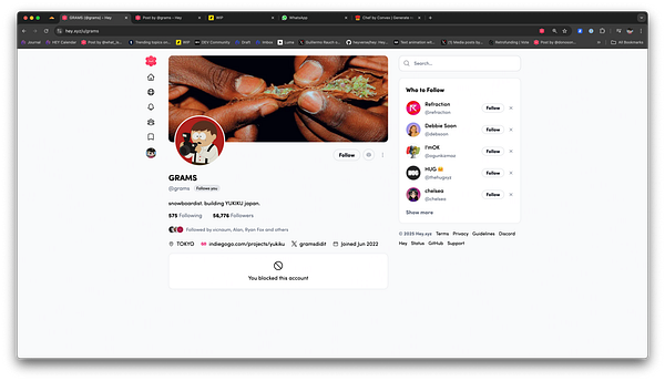 The image displays a social media profile page with a blocked account notification.