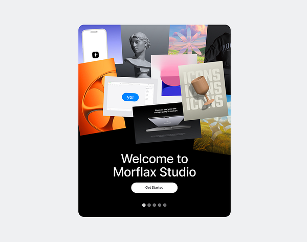A visually engaging welcome modal for Morflax Studio featuring a collage of design elements.