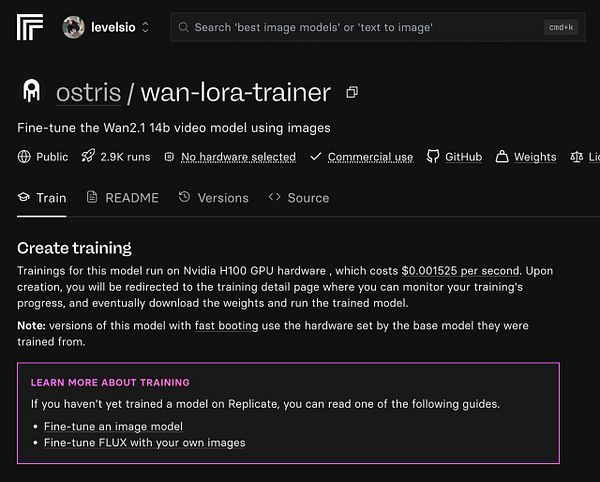 The image displays a user interface for a training model on a platform called Replicate.