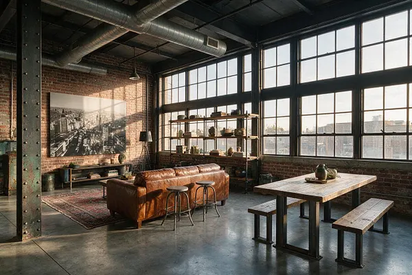 A spacious industrial sunroom with floor-to-ceiling black steel grid windows, exposed brick walls, and a concrete floor. The room includes a tan leather sofa, metal stools, a rustic wood dining table with bench seating, open shelving, and a large black-and-white city photograph.