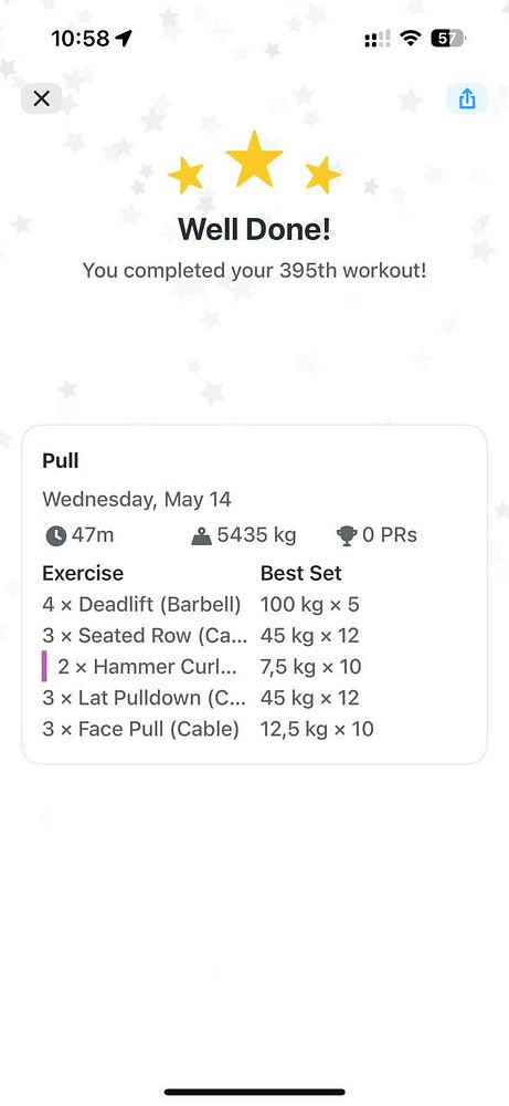 The image displays a workout summary from a fitness app, celebrating the completion of a significant milestone.