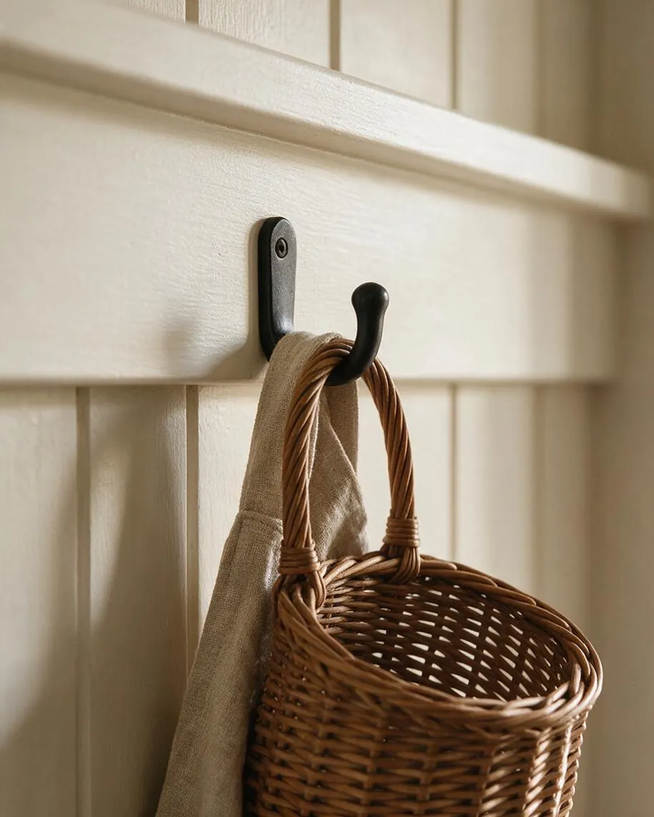 A close-up of a farmhouse-style wall hook mounted on painted vertical paneling, holding a natural wicker basket and a neutral linen towel. The black metal hook contrasts with the warm cream wall and woven brown textures, creating a simple rustic vignette.