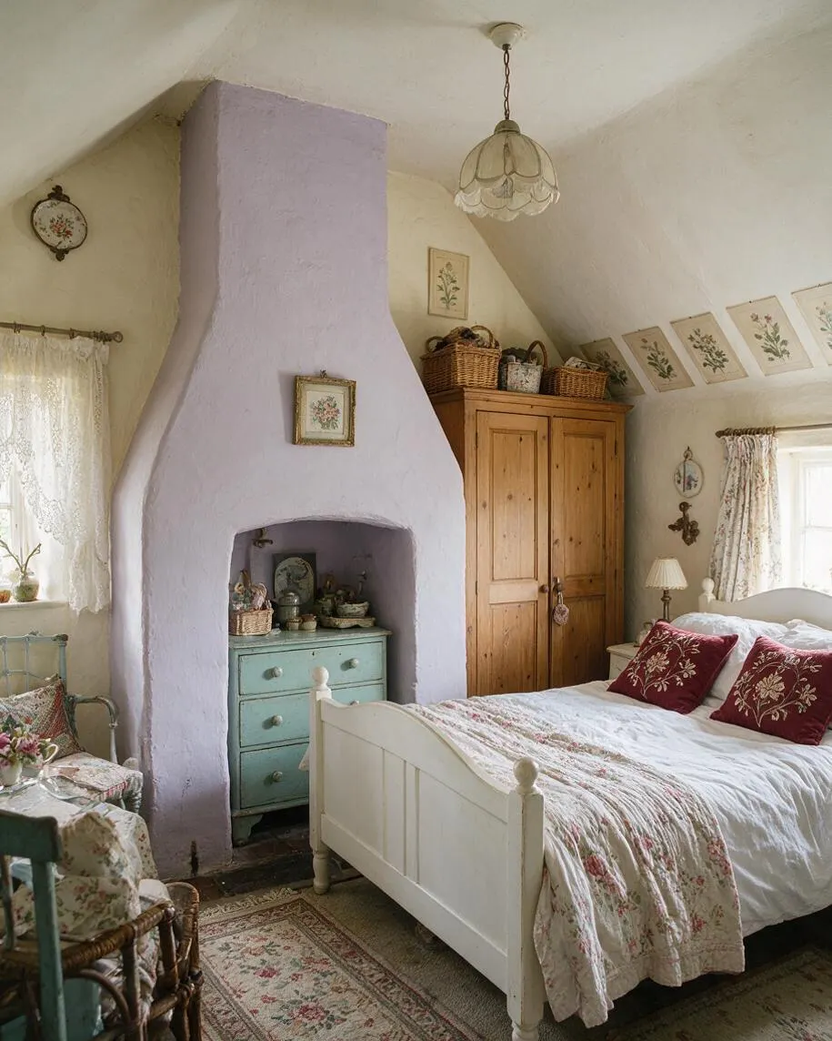 A cozy cottagecore master bedroom with a white wooden bed dressed in white bedding, floral quilt, and burgundy embroidered pillows. A large lavender-painted fireplace dominates the room, with a pale turquoise dresser tucked into the hearth and a pine wardrobe nearby. Floral curtains, vintage wall art, woven baskets, and a delicate pendant light complete the warm, nostalgic look.