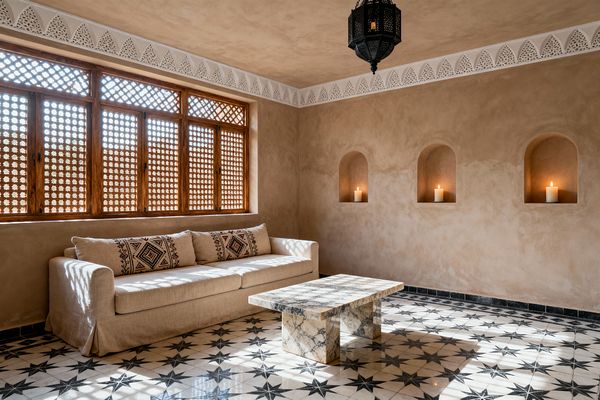 A sunlit Moroccan living room with warm lime-plastered walls and a white perforated frieze near the ceiling. A long beige linen sofa with patterned Berber pillows sits below wooden mashrabiya screens. A rectangular marble coffee table stands on black-and-white star-pattern tiles. Three arched wall niches each hold a lit candle, and a black metal lantern pendant hangs overhead.