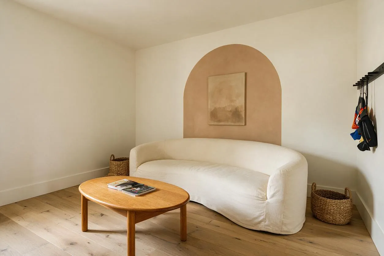 A minimal game room with a curved white sofa centered against a wall featuring a large tan arched accent panel and small abstract art. A round wood coffee table sits on light oak floors, with woven baskets and wall-mounted gear storage adding natural texture and function.