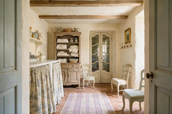 A cozy French Country basement room with plaster walls, exposed wood ceiling beams, and a terracotta tile floor. A vintage cabinet, glass-front armoire, lace accents, and upholstered chairs create a soft, rustic, old-world atmosphere.