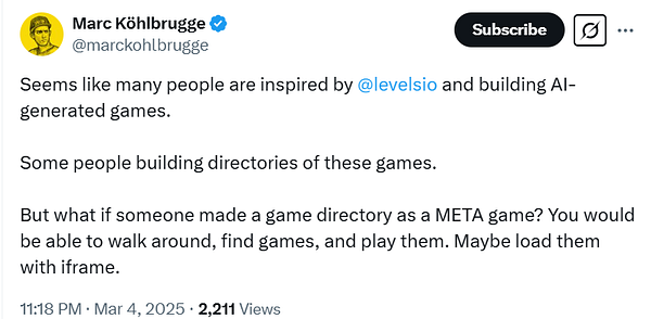 A tweet discussing the concept of a meta game directory for AI-generated games.
