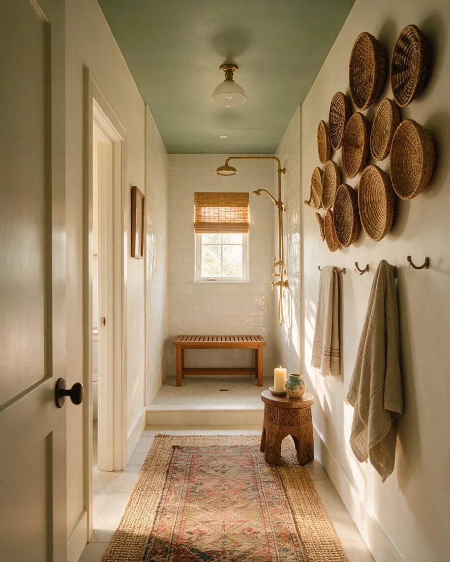 A narrow master bathroom with white tile walls, a sage green ceiling, and brass shower fixtures. Woven baskets are arranged decoratively on one wall above hanging towels, while a vintage-style rug runs down the center toward a raised shower area with a wooden bench and bamboo shade.