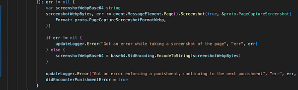 The image displays a code snippet related to error handling and screenshot capturing in a programming environment.