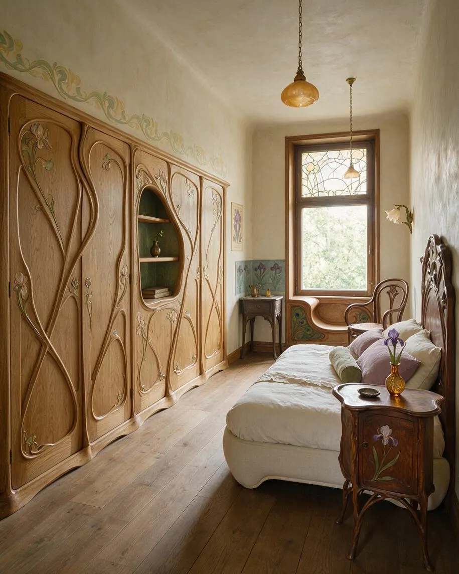 A narrow guest bedroom in Art Nouveau style features a carved oak wardrobe wall with flowing floral motifs, a sculpted wood bed, and matching bedside tables. Soft cream walls, wood floors, and stained-glass details around the window create a warm, elegant atmosphere.
