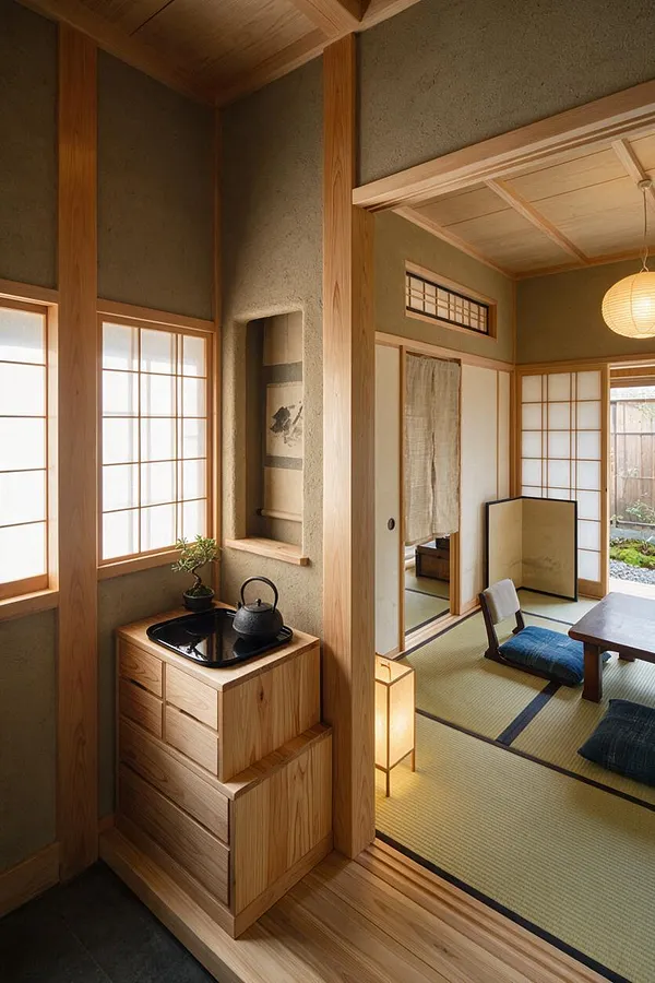 A Japanese Zen style entryway with exposed wood posts, shoji screens, and textured earth-tone walls. A compact wooden wash basin cabinet with a black tray and kettle sits beside a narrow alcove, while a softly lit tatami room with floor cushions, low table, and paper lantern opens to a calm garden view.