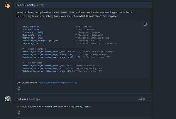 The image displays a conversation about a code update related to database backup settings.