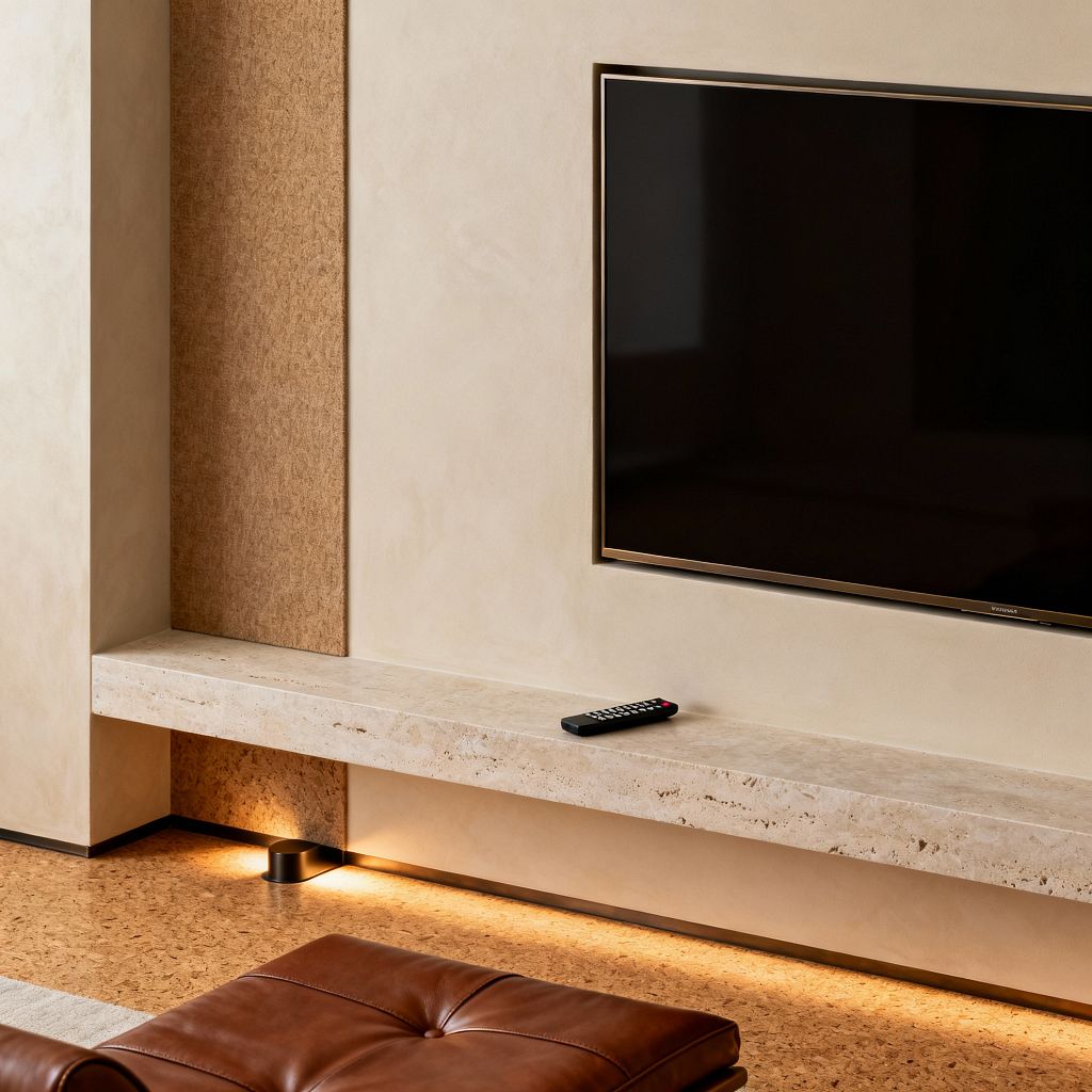 Close-up of a minimalist media room showing a wall-mounted flat-screen TV with a slim dark frame above a floating travertine shelf. Smooth warm-beige plaster walls and a narrow tan textured panel provide subtle contrast, while concealed LED lighting beneath the ledge casts a soft amber glow across natural cork flooring. A tufted caramel leather ottoman is visible in the foreground, and a remote control rests on the stone shelf.