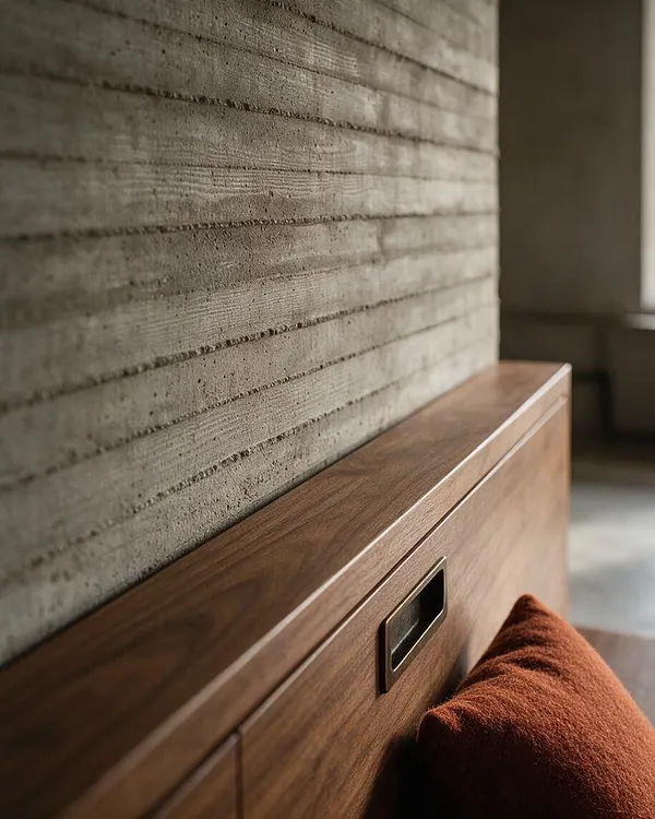 A close-up interior detail shows a rough board-formed concrete wall above a warm walnut wood cabinet or headboard with a recessed metal pull. A rust-colored cushion or pillow sits at the lower right, while soft natural light highlights the contrast between industrial texture and refined wood grain.