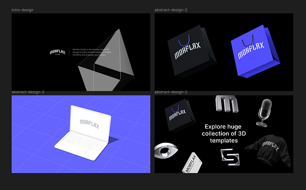 The image features a promotional design layout for Morflax Studio, showcasing various 3D elements and branding.