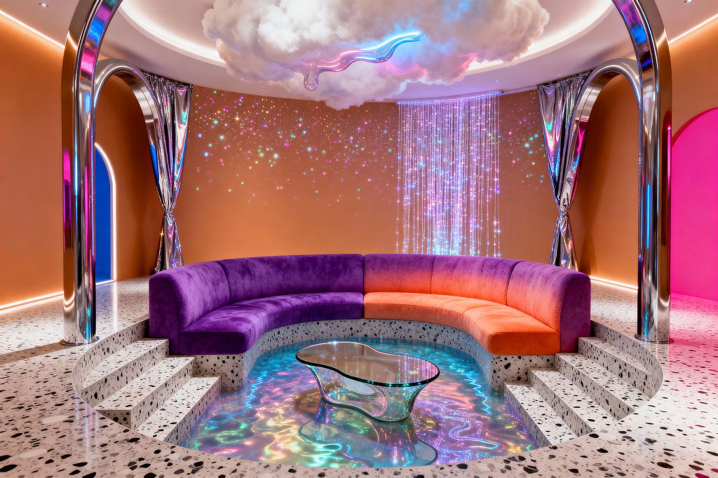 A circular conversation pit with terrazzo steps holds a curved velvet sofa that shifts from deep purple to vivid orange around a freeform glass coffee table above an iridescent, waterlike base. Tangerine walls feature a starry light mural and a curtain of fiber‑optic strands, while chrome arches and metallic drapery frame neon‑lit doorways. Overhead, a sculpted cloud with rainbow LED detail glows, creating a surreal psychedelic living room.