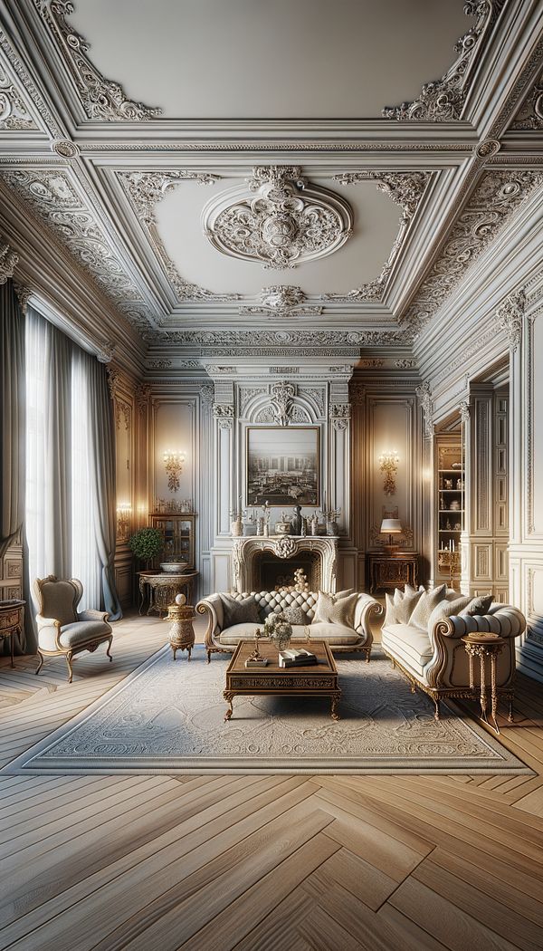 an elegant living room featuring French Classic interior design, with high ceilings, intricate moldings, and opulent furnishings adorned with fine details