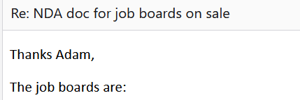 The image displays an email interface discussing job boards for sale after an NDA is signed.