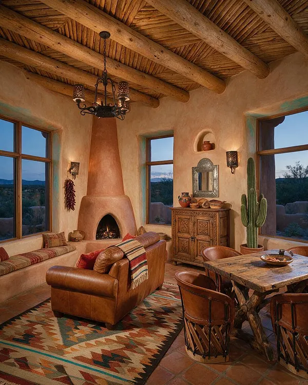 A Southwestern-style sunroom with exposed log beams, a tall adobe fireplace, and large windows overlooking a desert landscape. The room features a leather sofa, carved wood cabinet, rustic dining table, woven rug, and terracotta-toned walls with cactus accents.