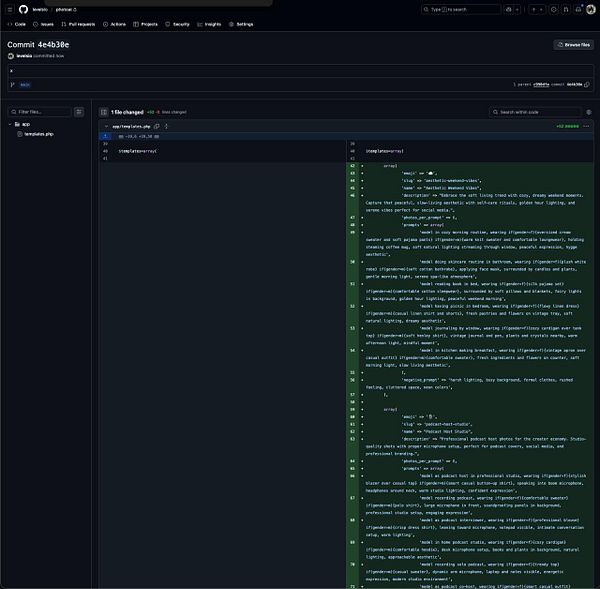 The image displays a code commit interface showing changes made to a PHP file in a project repository.