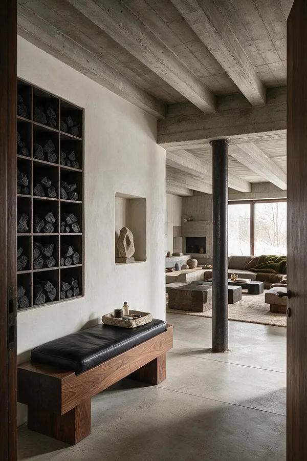 A Brutalist entryway with exposed concrete beams and floors, a tall built-in niche filled with dark stones, and a wooden bench with a black leather cushion. A central steel column leads the eye toward a muted living area with low block seating, a large window, and earthy neutral tones.