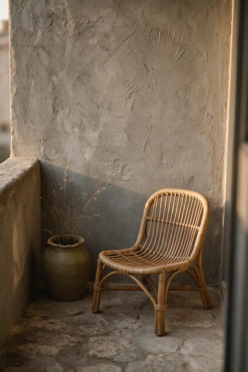 A small rustic balcony or exterior nook with a textured plaster wall, a woven rattan chair, and a ceramic planter holding sparse dried grass. The floor is rough stone, and the muted earthy tones create a calm Wabi-Sabi atmosphere.
