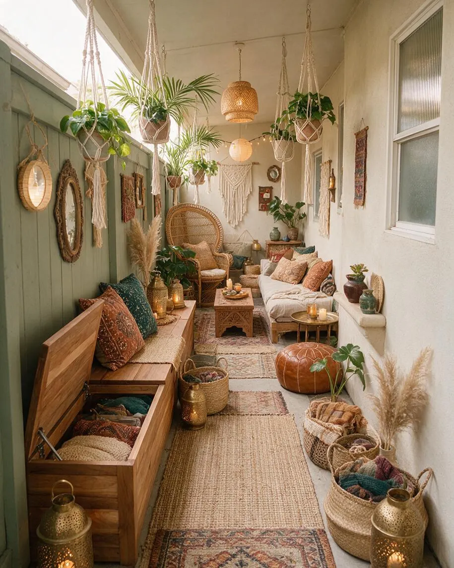 A narrow backyard patio styled as a bohemian lounge with hanging macramé planters, woven lanterns, rattan seating, a wooden storage bench, layered rugs, and many cushions in earthy tones. The space mixes sage green fencing, cream walls, hanging plants, and soft lantern light for a cozy, relaxed atmosphere.