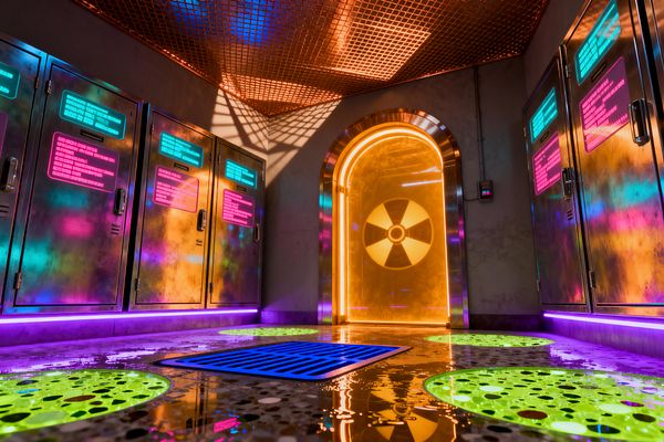 Low-angle view of a cyberpunk mudroom lined with stainless steel lockers, each displaying glowing cyan and magenta panel readouts. An arched door of amber-tinted glass with a radiation symbol anchors the back wall, framed in polished metal. The terrazzo floor is wet and reflective, punctuated by neon-green circular inlays and a bright blue drain grate. Purple LEDs wash the locker bases, while an orange mesh ceiling casts a grid of shadows on concrete walls and exposed conduit.
