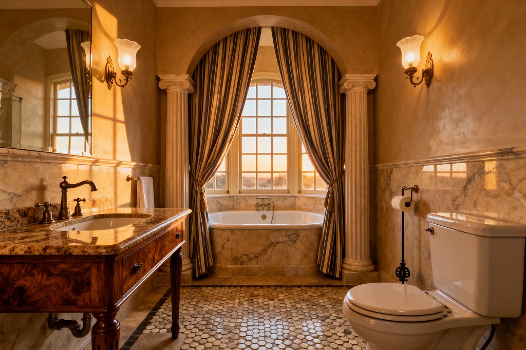 A traditional bathroom glows in warm sunset light, with an arched tub alcove framed by fluted columns and tied-back striped drapes around a divided-light window. At left, a furniture-style wood vanity with a speckled stone countertop and bronze bridge faucet sits beneath a large mirror; at right, a classic white toilet stands above penny-round stone flooring, while creamy marble wainscot, ochre plaster walls, and ornate brass sconces with frosted glass complete the formal, symmetrical look.