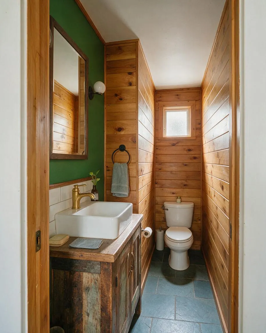 A narrow rustic powder room with warm wood plank walls, a dark green accent wall, and blue-gray slate floor tiles. The space includes a reclaimed wood vanity with a white vessel sink, brass faucet, wood-framed mirror, and a compact toilet at the back wall.