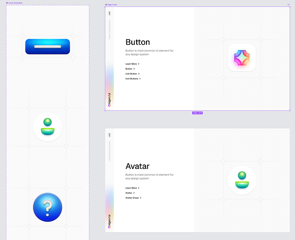 The image displays a UI design layout featuring buttons and avatars with accompanying descriptions.