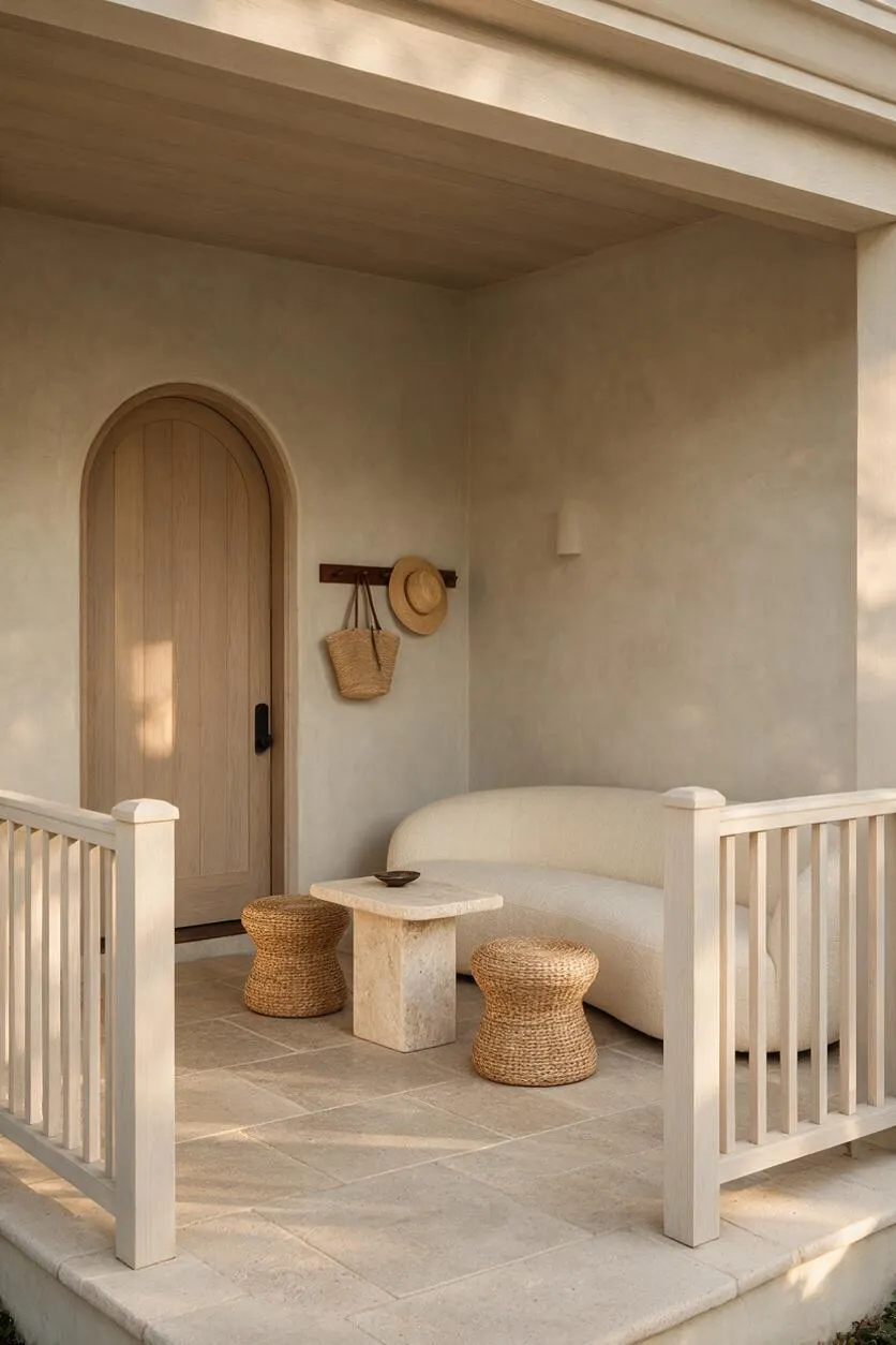 A front porch in organic modern style featuring a rounded light wood door, a curved cream upholstered sofa, and two woven pouf stools around a small stone table. The space is enclosed by pale white railings, with a neutral stucco wall, beige tile floor, and warm wood ceiling details.
