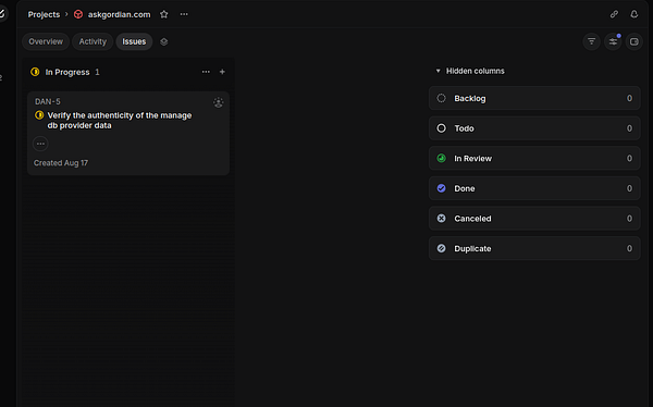 Dashboard interface of Linear project management tool showing project and task overview.