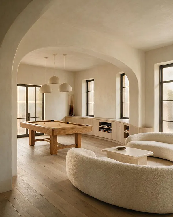 A serene game room with a wooden pool table centered on light oak flooring, surrounded by soft cream boucle seating and a low stone coffee table. Curved plaster archways, black-framed windows, and three rounded pendant lights create a warm organic modern atmosphere.