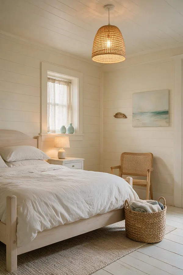 A serene coastal guest bedroom with a light wood bed dressed in white bedding, a woven pendant light overhead, and a small white nightstand with a lamp. The room features shiplap-style white walls, a rattan chair, woven basket storage, and a neutral rug, with soft daylight filtering through a window.