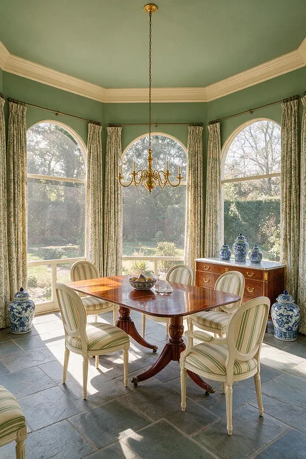 A traditional backyard sunroom with three tall arched windows, patterned drapes, and a gold chandelier centered over a polished wood dining table. Cream upholstered chairs with green stripes, blue-and-white porcelain jars, and a wooden sideboard create a formal, classic garden room atmosphere.