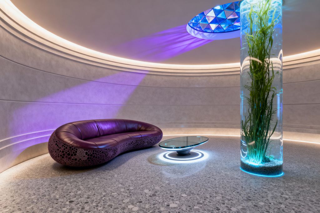 A futuristic living room with seamless curved gray walls and recessed perimeter lighting features a sculptural purple leather sofa with a perforated base on speckled terrazzo, paired with an oval glass coffee table encircled by a glowing LED halo. A tall cylindrical aquarium column illuminates cyan around swaying aquatic plants, while a faceted blue‑violet ceiling oculus projects prismatic light across the room.
