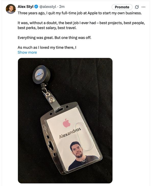 A personal identification badge from Apple featuring a photo and the name 'Alexandros'.