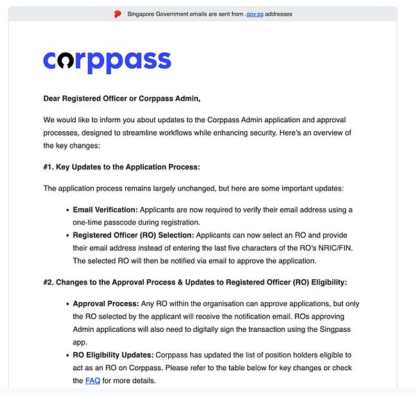 An email detailing updates to the Corppass Admin application and approval processes.
