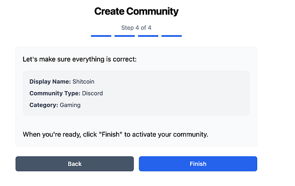Screenshot of a web dashboard interface showing community management with options to create and delete communities.