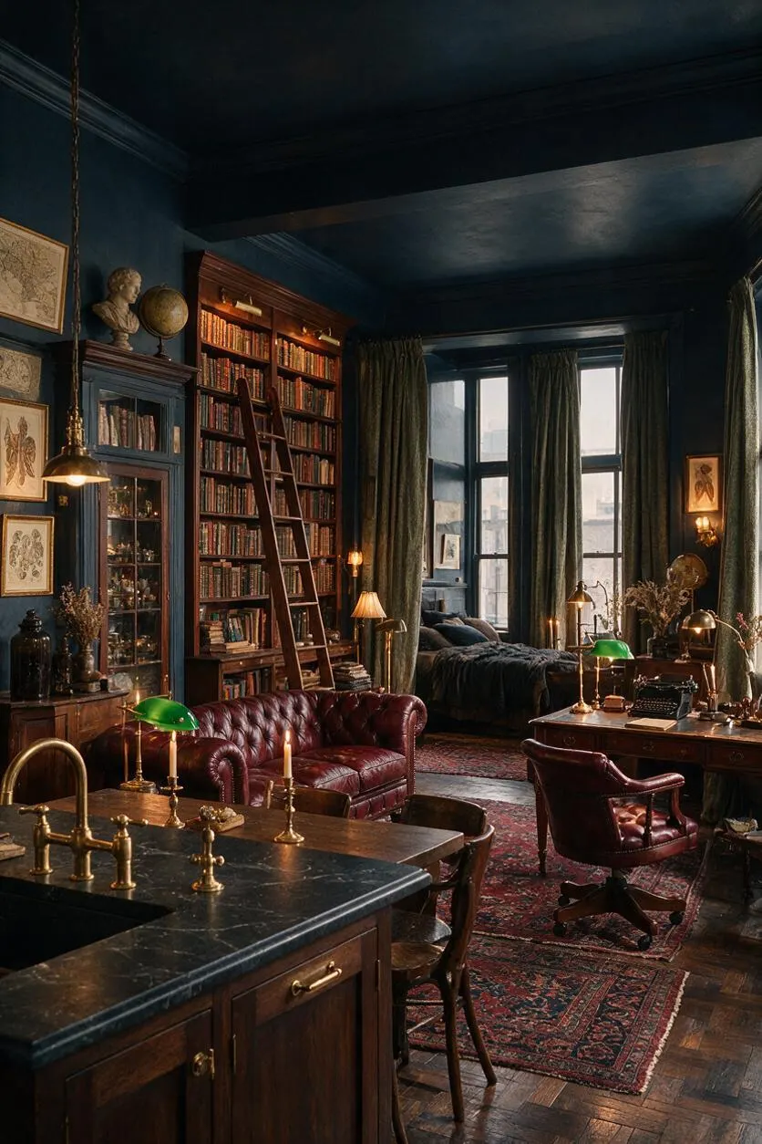 A dark academia studio apartment with deep blue walls and ceiling, tall windows draped in heavy olive curtains, and a wall of bookshelves reached by a wooden ladder. The room features a burgundy leather Chesterfield sofa, vintage desks, brass lamps, framed prints, patterned rugs, and a dark marble kitchen island with a brass faucet.