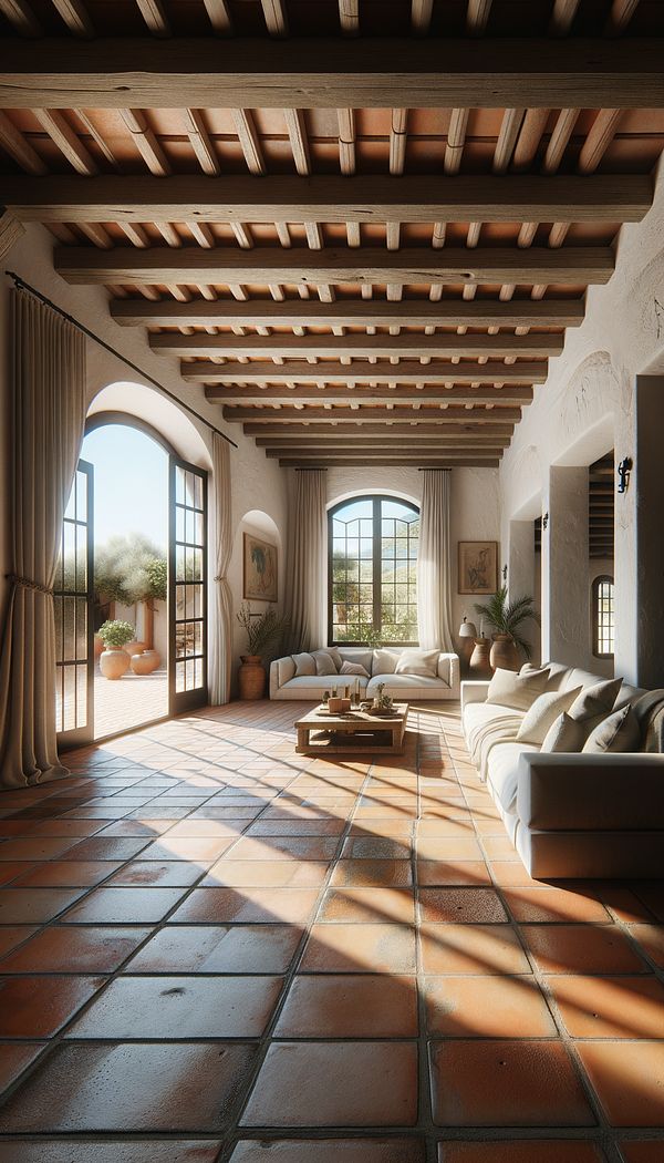 A spacious living room featuring Mediterranean design elements such as terracotta floor tiles, white plastered walls, a wooden beamed ceiling, and large French doors leading to a sun-drenched patio.