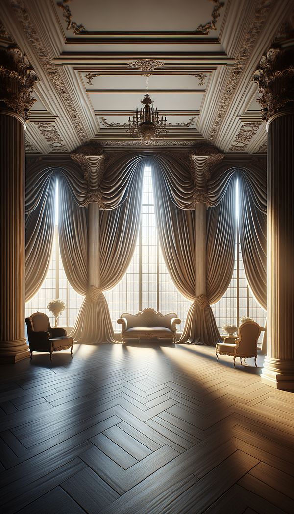 An elegant living room with taffeta curtains cascading down large windows, catching the soft light of the morning sun.