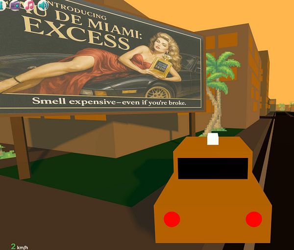 A digital scene featuring a billboard advertisement and a stylized vehicle in a city environment.